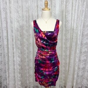 Vintage Express Satin Bodycon Mini Dress‎ Size 6 Colorful Retro Barbie